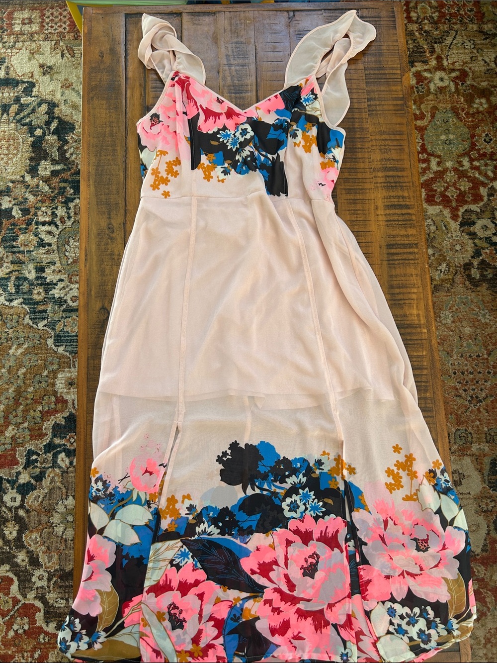 Express Blush Pink Floral Midi Dress with Ruffle Straps